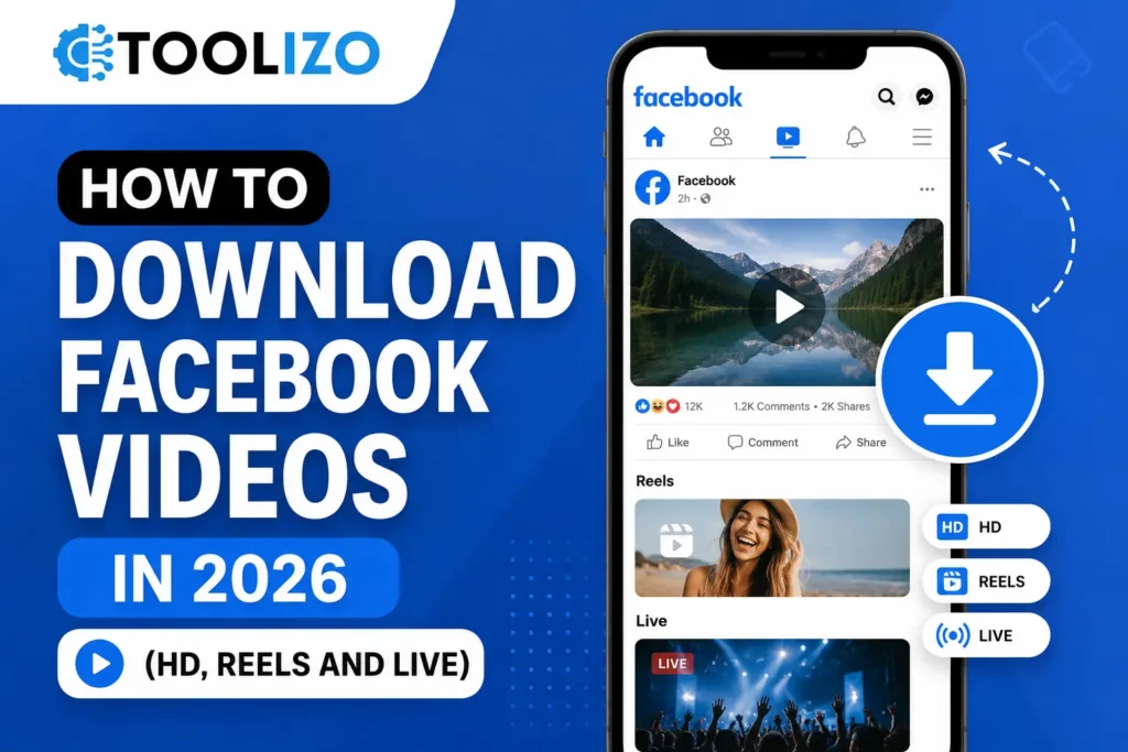 Feature image showing how to download Facebook videos in 2026, including HD videos, Facebook Reels, and Live videos using easy and safe methods.